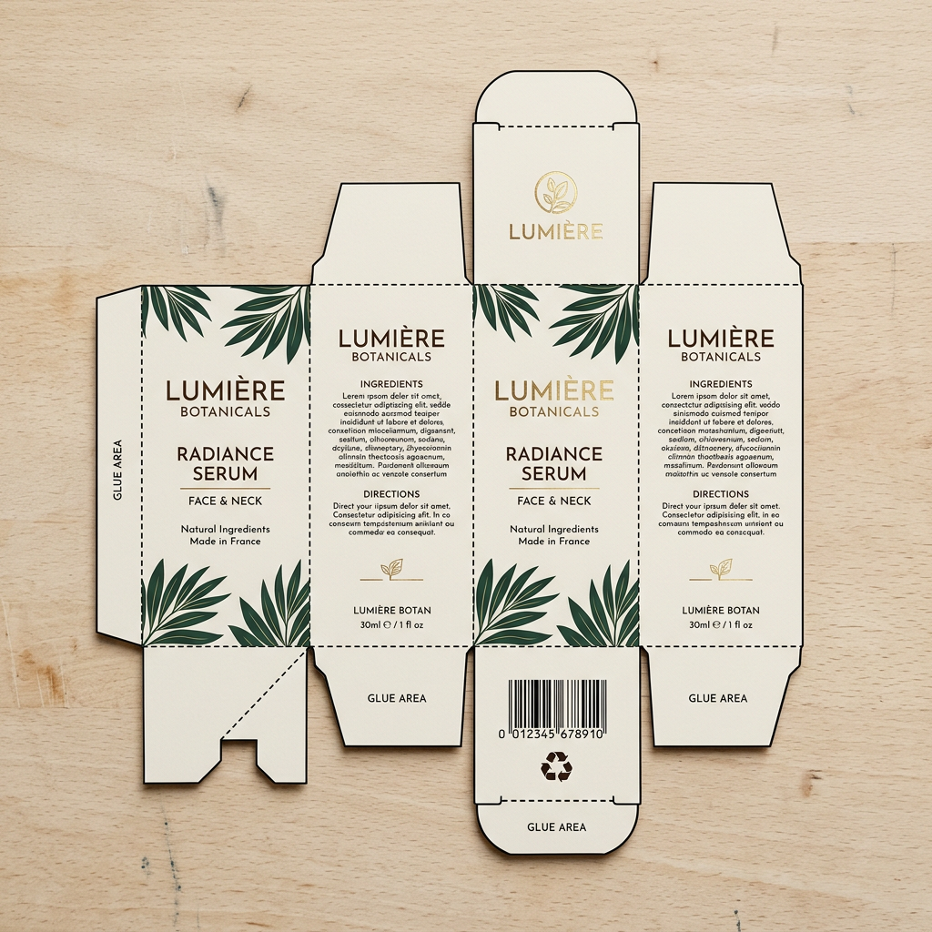 Flat unassembled Lumière Botanicals Radiance Serum box with botanical leaf illustrations and product information